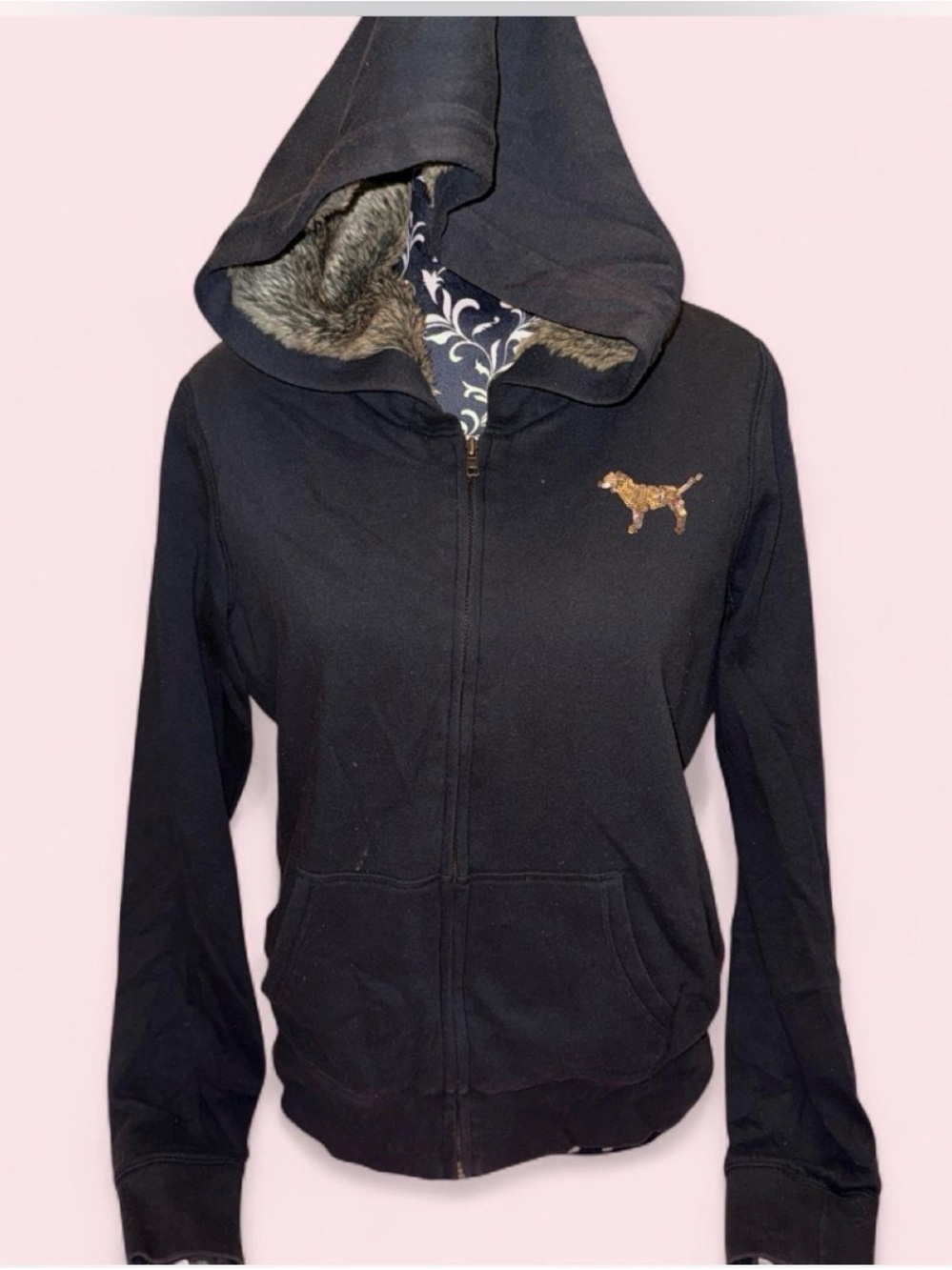 PINK Victoria's Secret Black Zip-Up Hoodie with Faux Fur Lined Hood